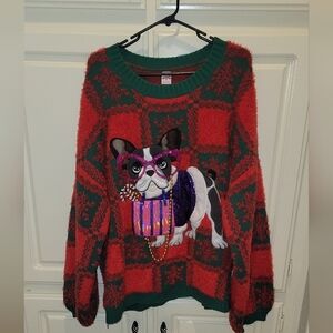 Frenchie Dog X-Mas Sweater 2XL 20w/22w Holiday Time Red Green w beads Christmas